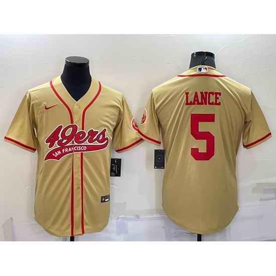 Men San Francisco 49ers 5 Trey Lance Gold Cool Base Stitched Baseball Jersey
